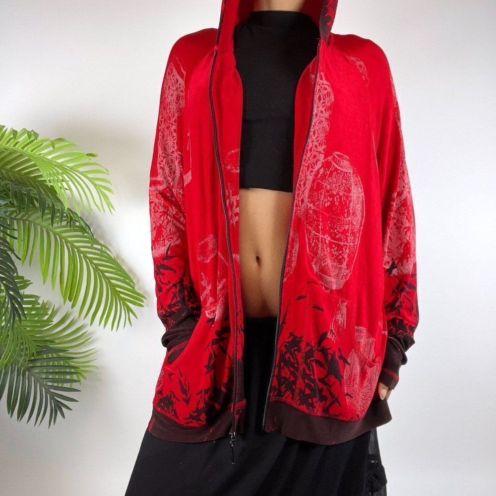 Vintage 90s Grunge Red Whimsygoth Streetwear Oriental Hoodie Slinky Jacket / 3